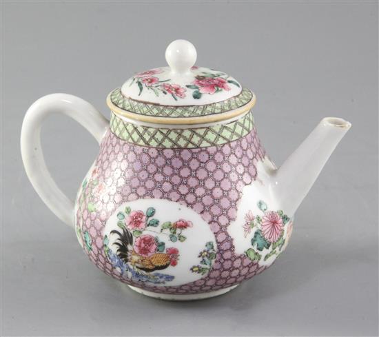 A Chinese famille rose pear shaped teapot and cover, Yongzheng period (1723-35), height 10cm